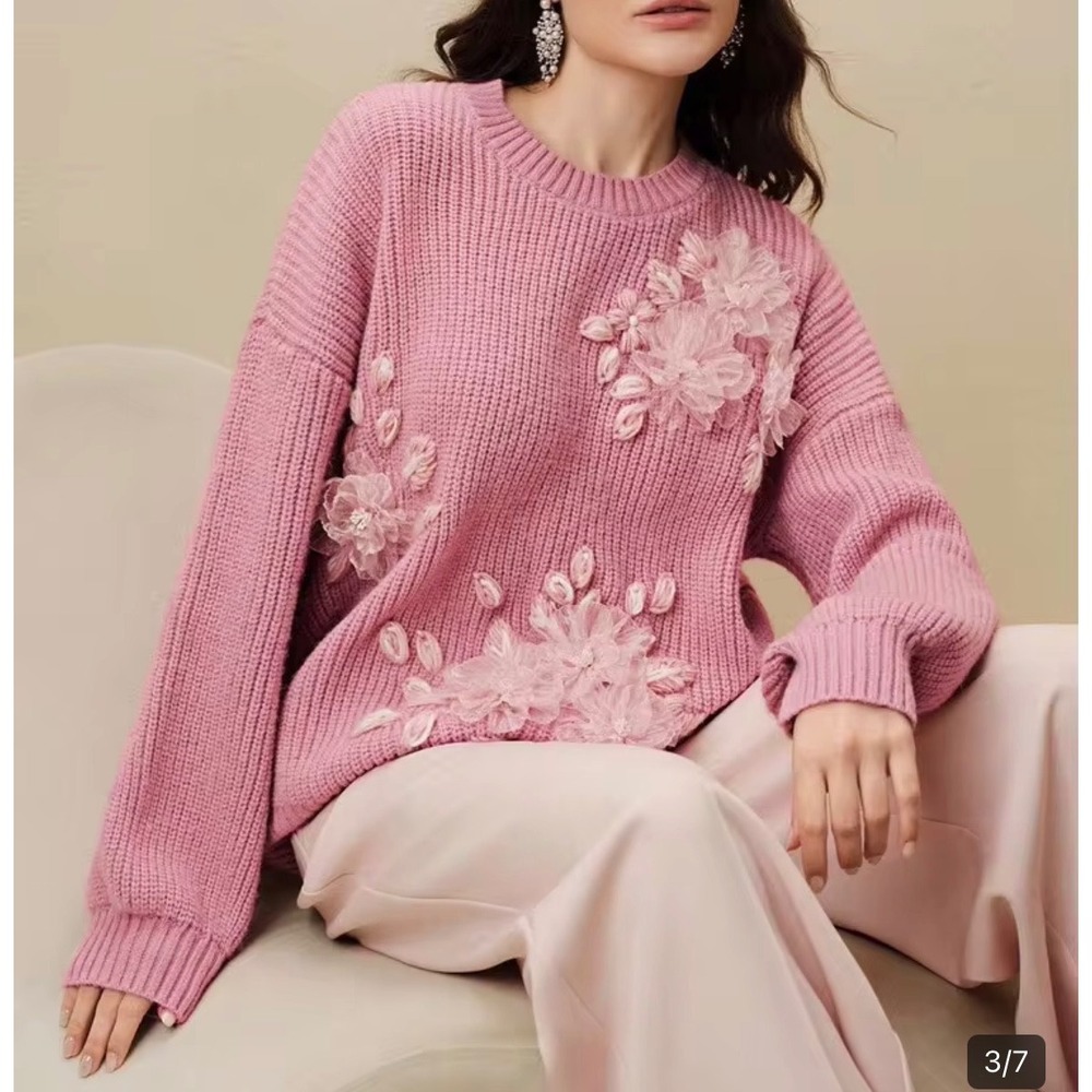 Anewsta Pink 3D Floral Applique Ribbed Knit Sweater Crew Neck Coquette Small